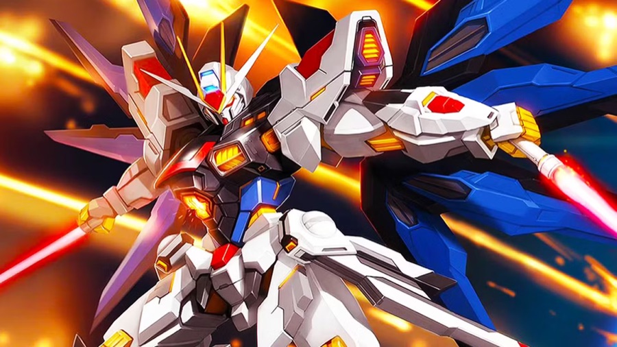 An anime mech-suit mid-battle