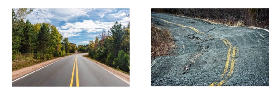 An open road beside a road washed out to gravel